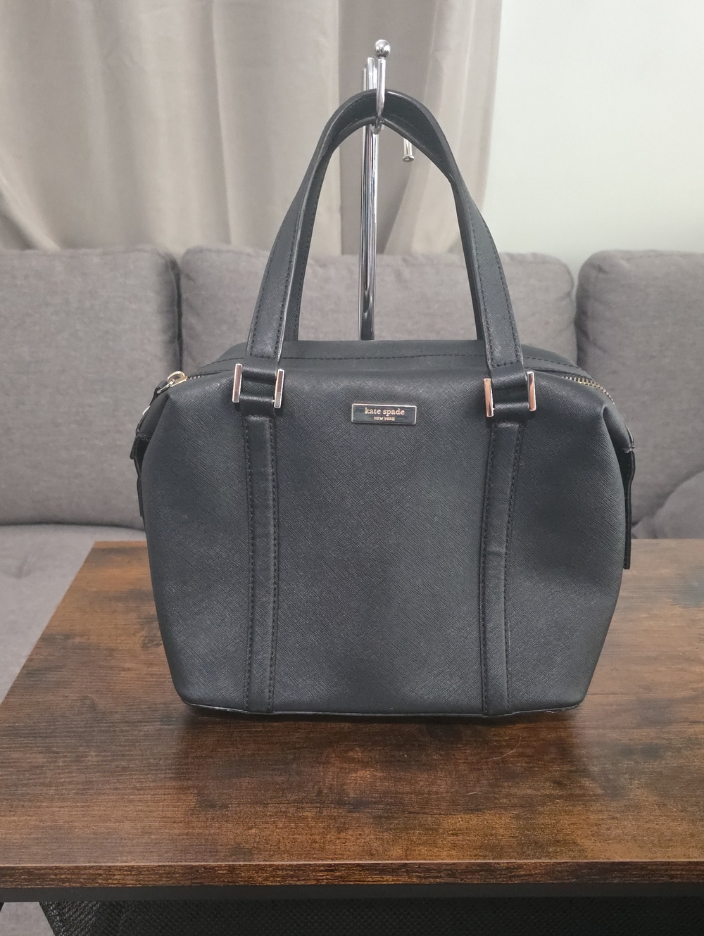kate spade Black Saffiano Leather Messenger Tote with Rose Gold Accents